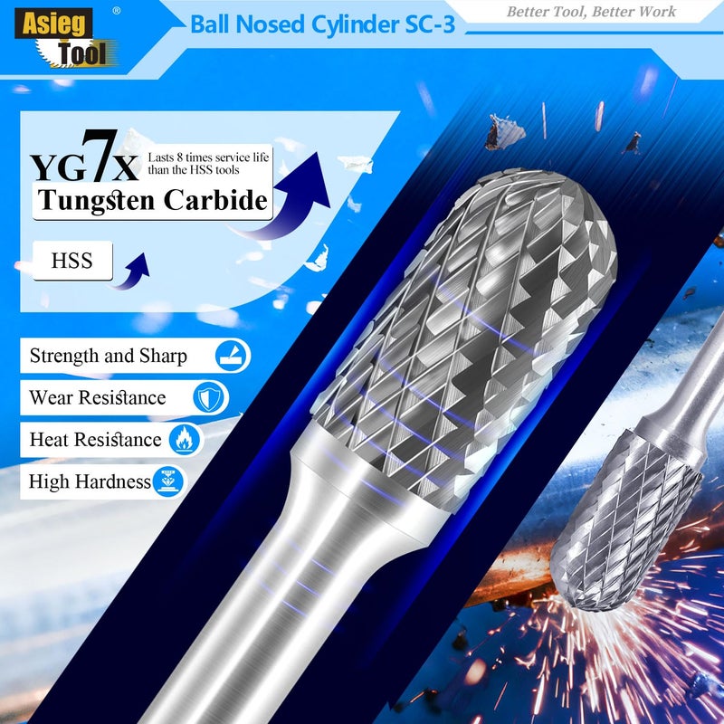 Asieg Tool SC-3 Tungsten Carbide Burr Rotary File Cylindrical Ball Nose End Shape Double Cut for Die Grinder Drill Bits 1/4'' Inch Diameter of Shank and 3/8'' Inch Diameter of Cutter 3/4'' Inch Cutter Length - Image 3